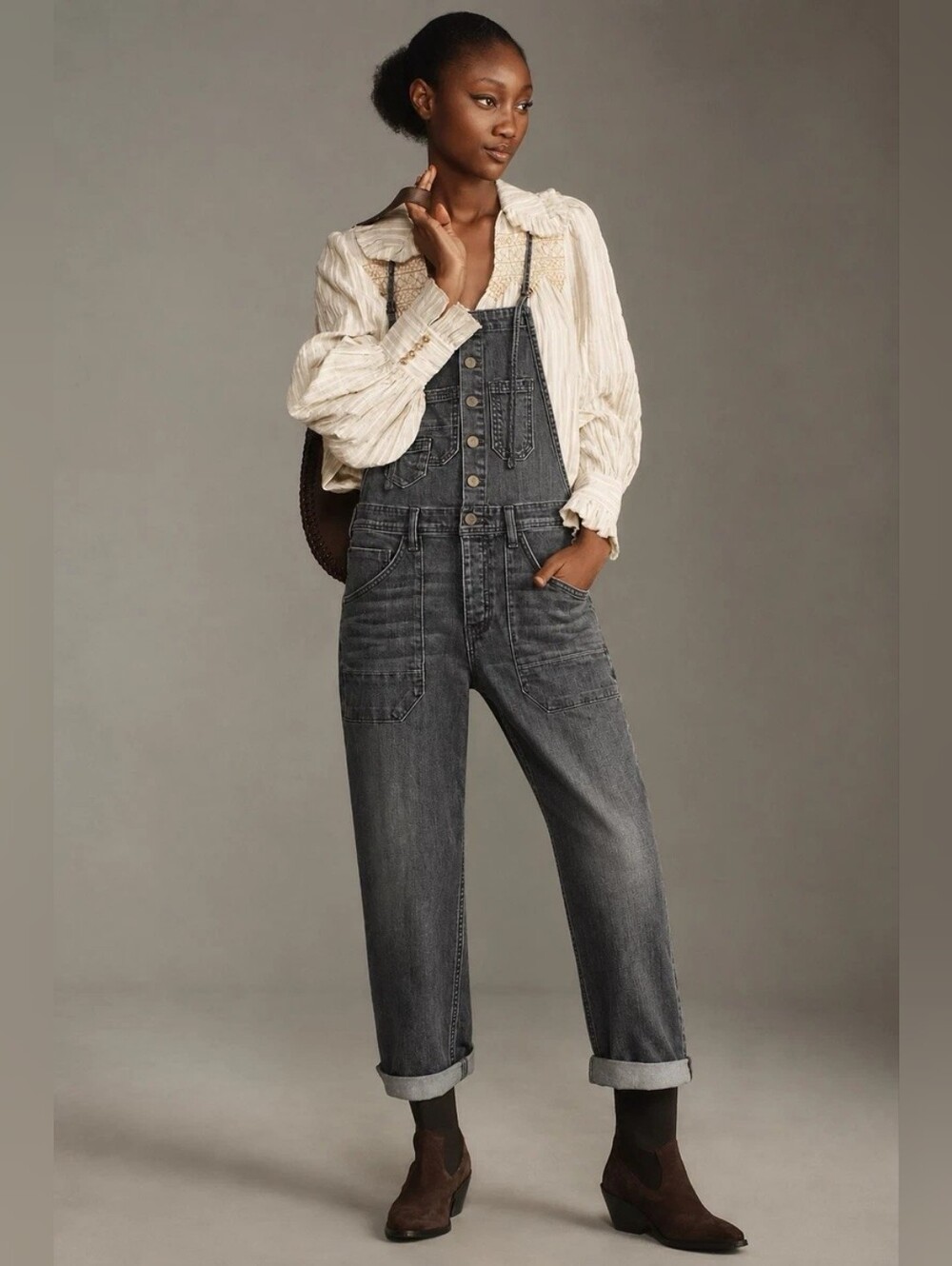 Anthropologie Pilcro Painter’s Overalls Gray/black Denim Jumpsuit 25"